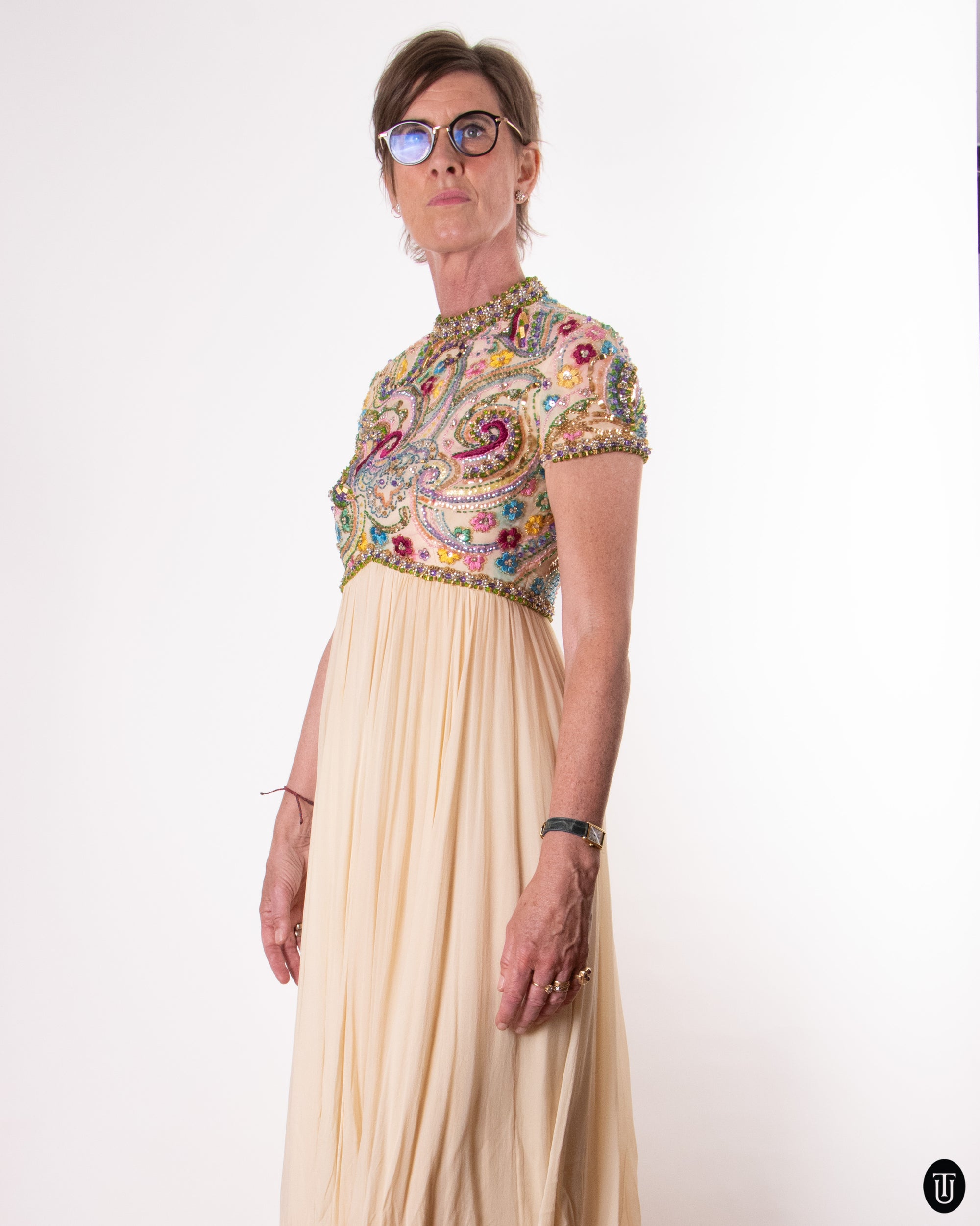 60's Embellished Silk Dress M