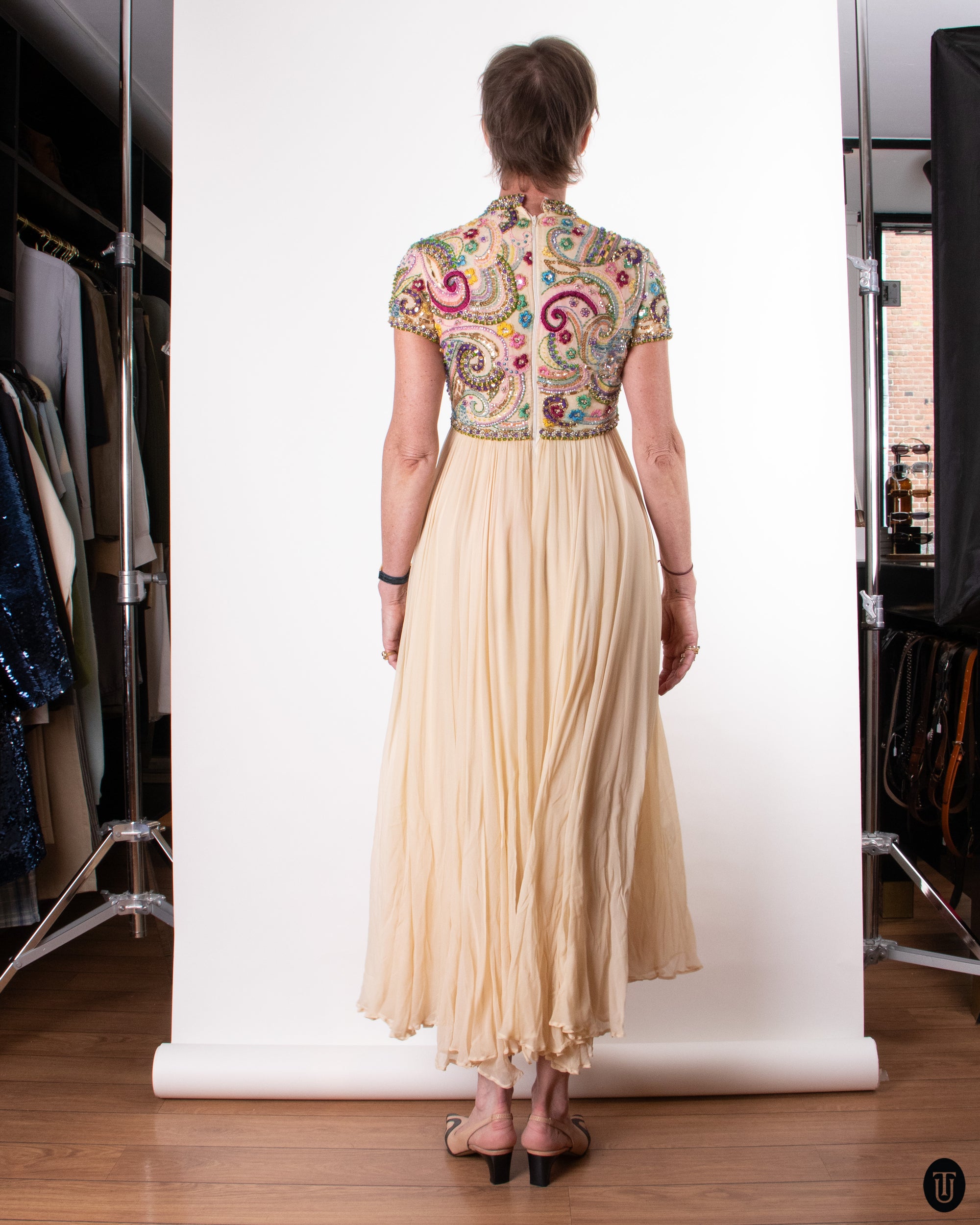 60's Embellished Silk Dress M