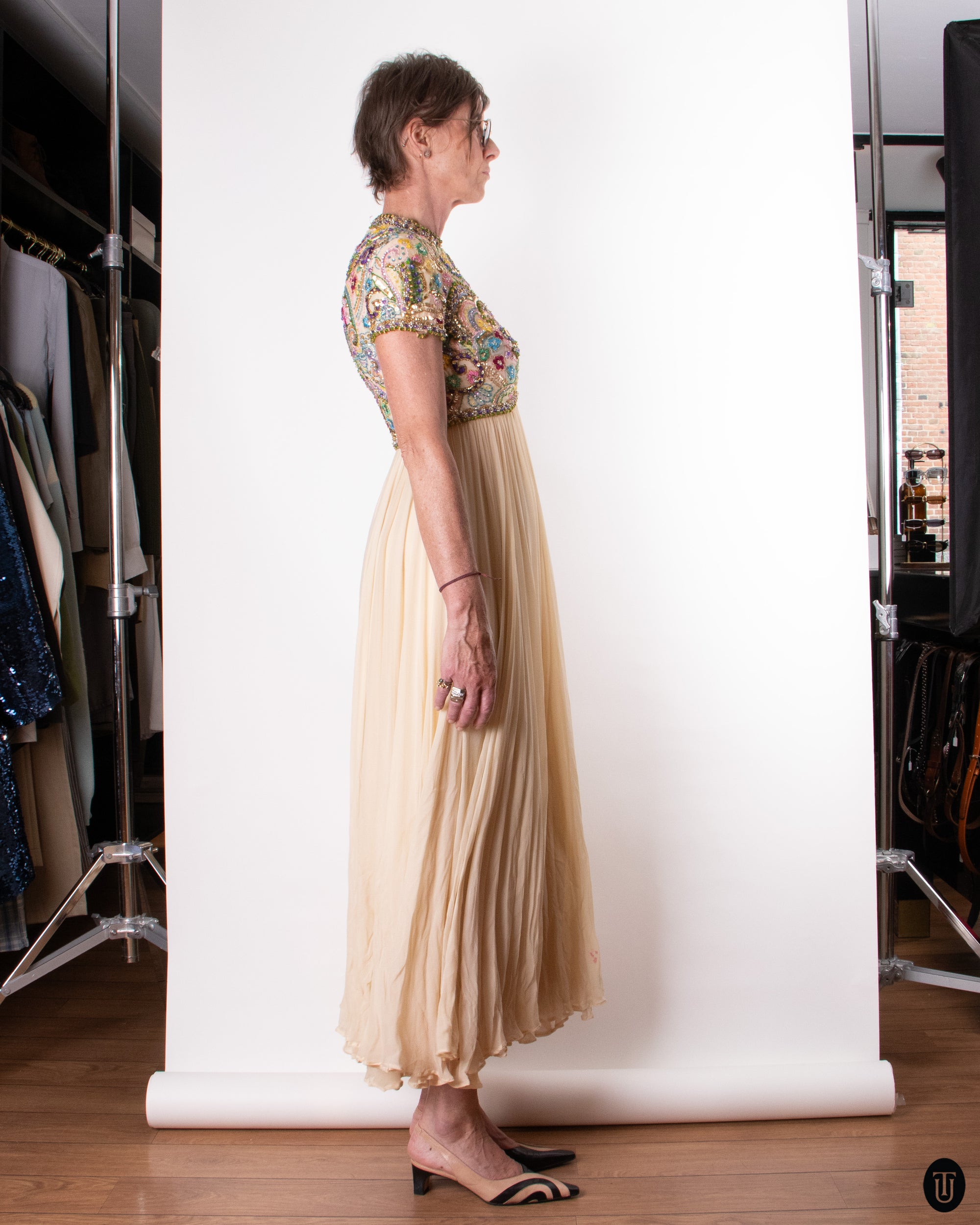 60's Embellished Silk Dress M