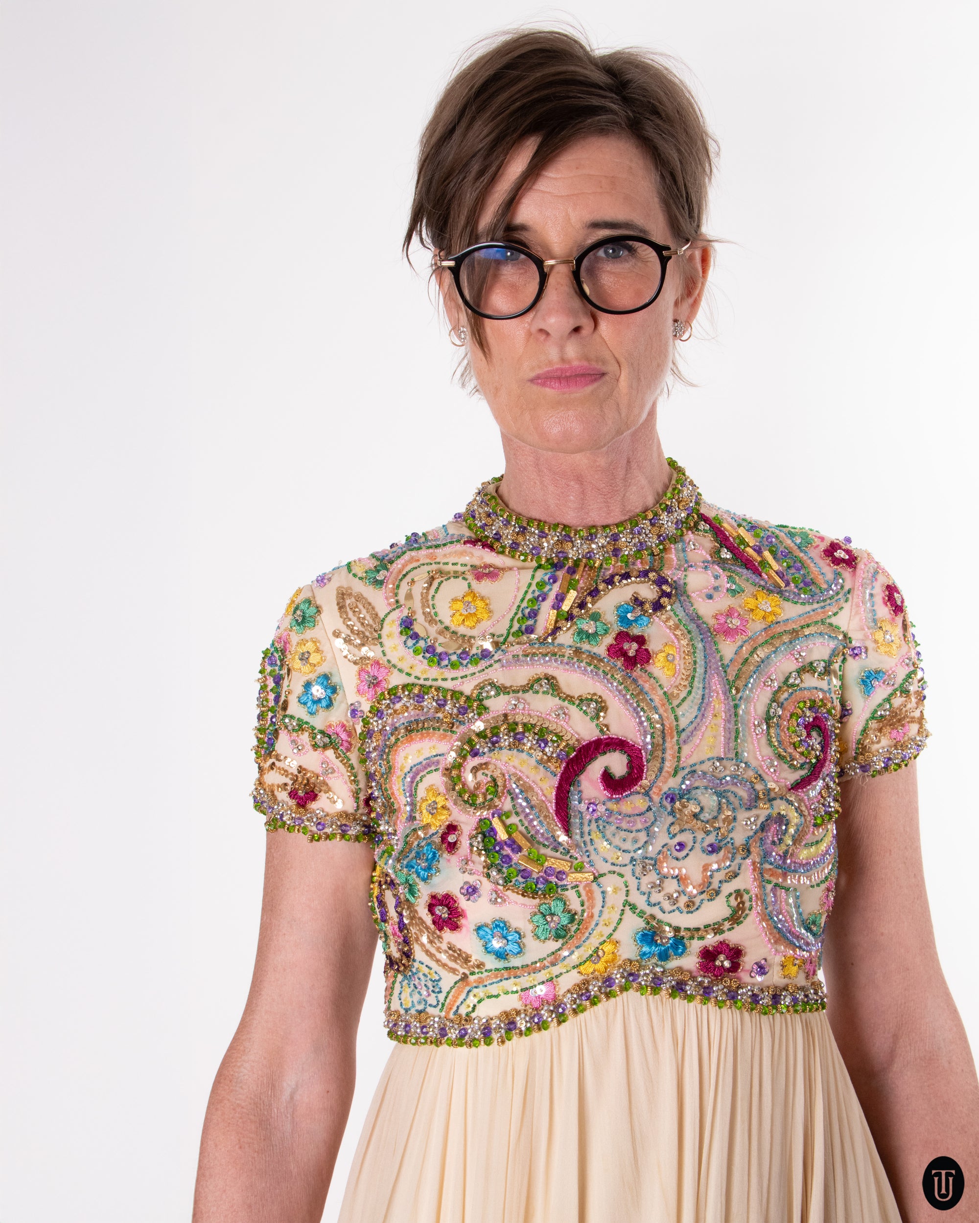 60's Embellished Silk Dress M