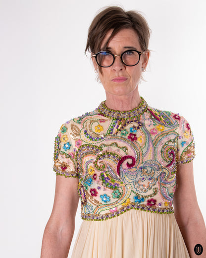 60's Embellished Silk Dress M