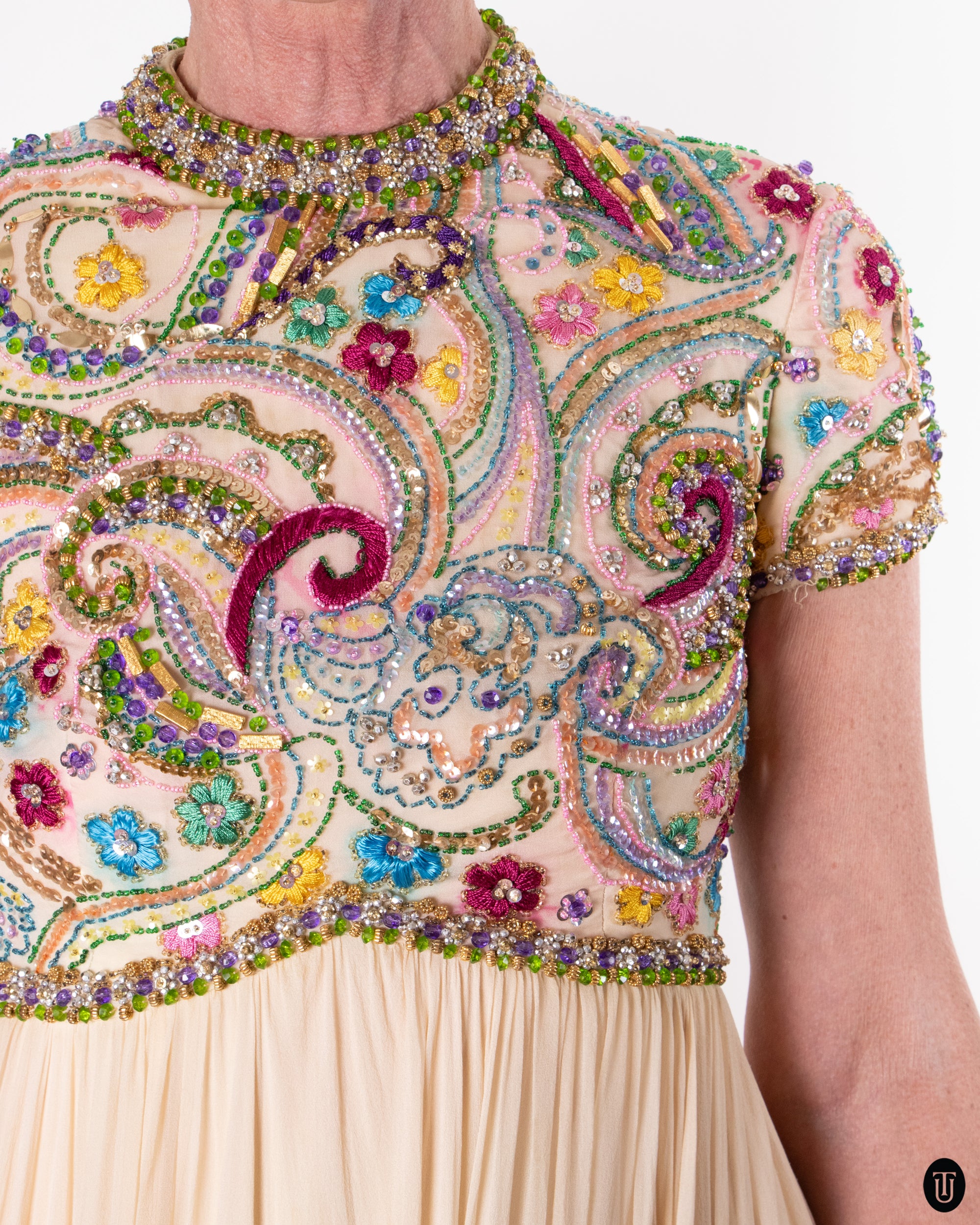 60's Embellished Silk Dress M