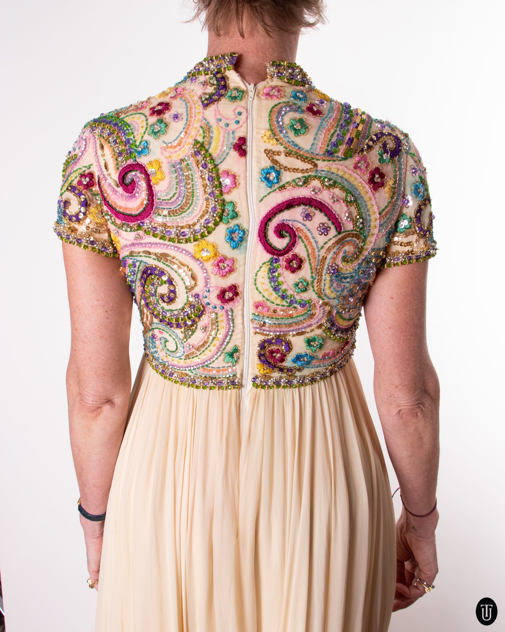 60's Embellished Silk Dress M