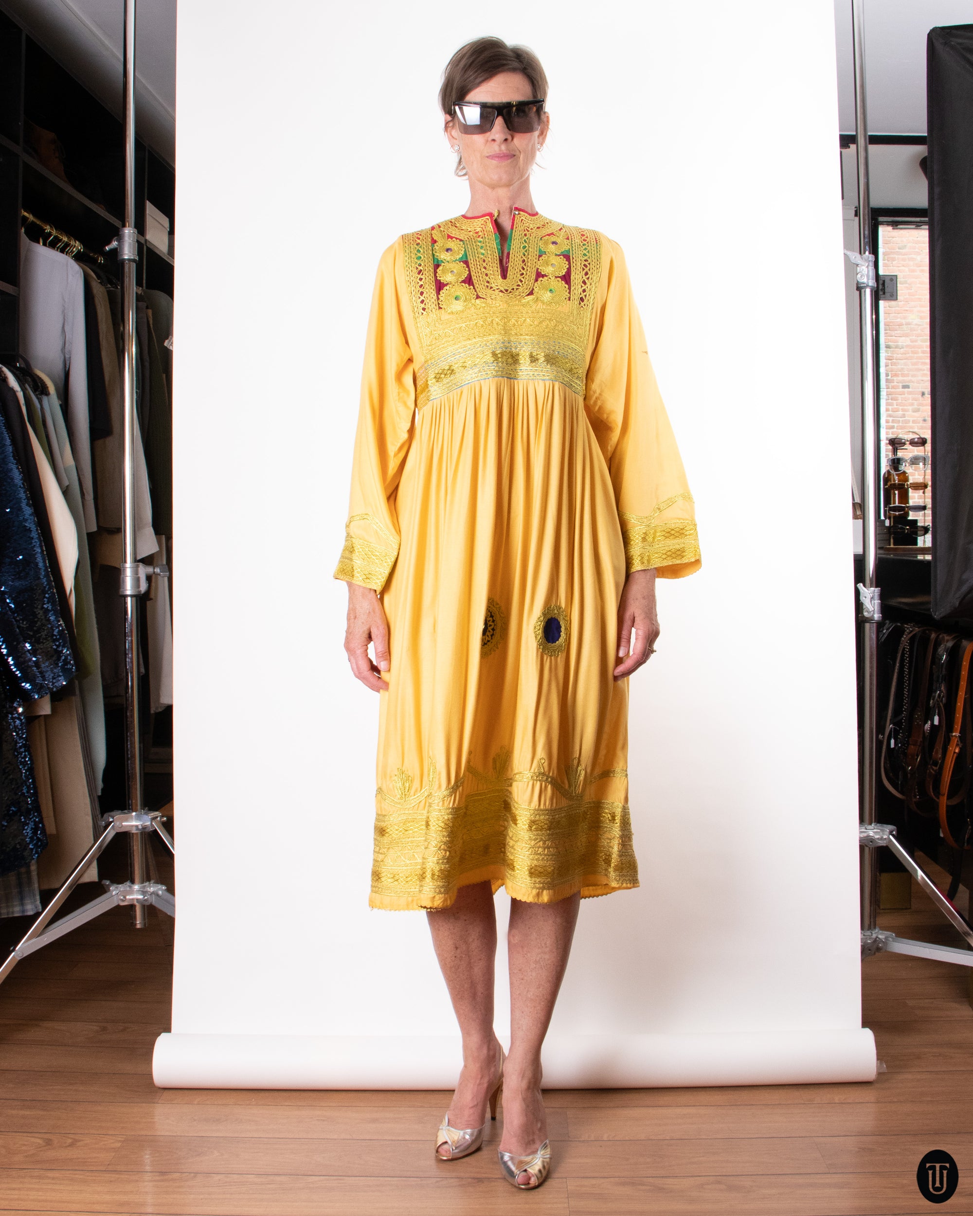70's Embroidered Yellow Caftan Dress S
