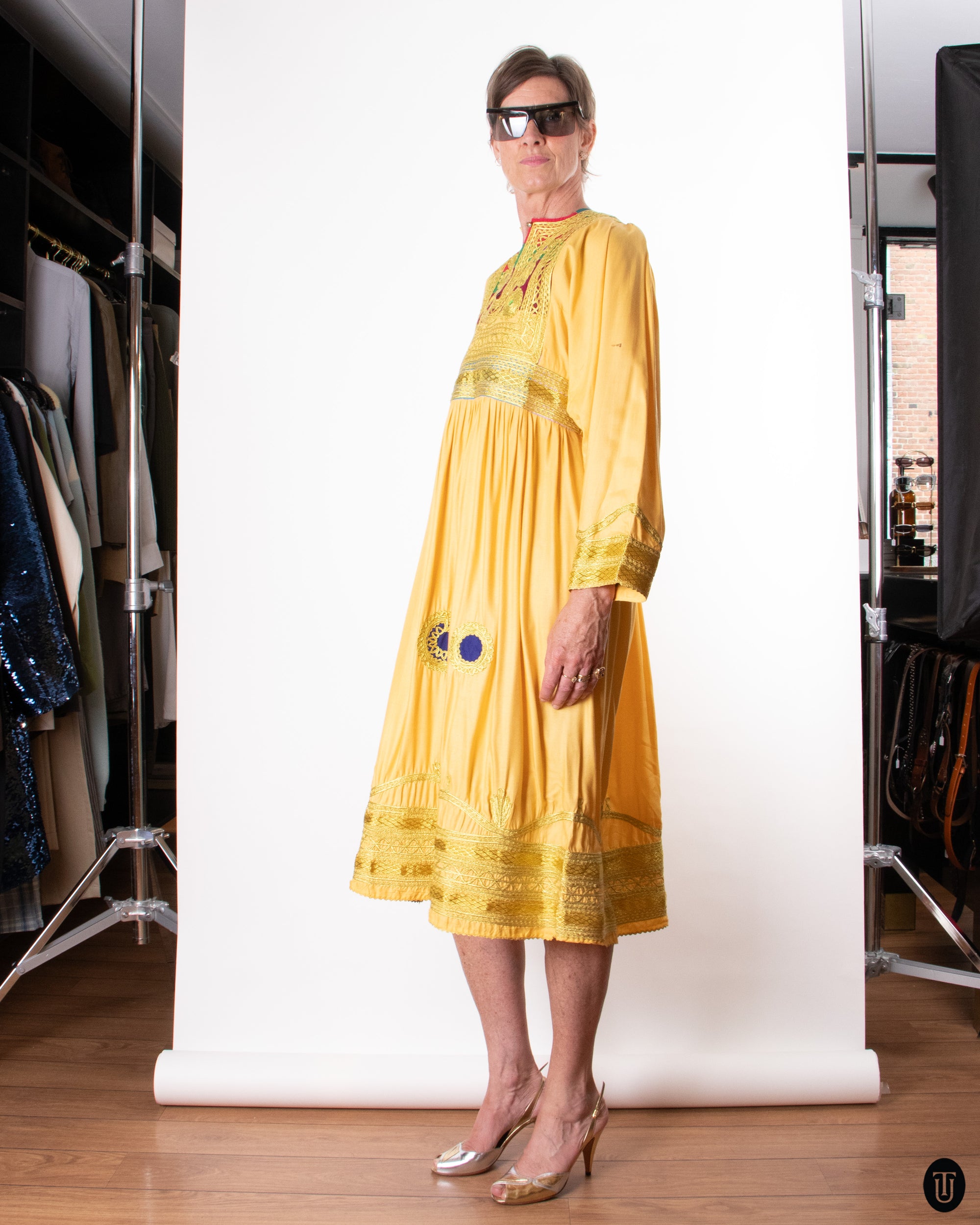 70's Embroidered Yellow Caftan Dress S