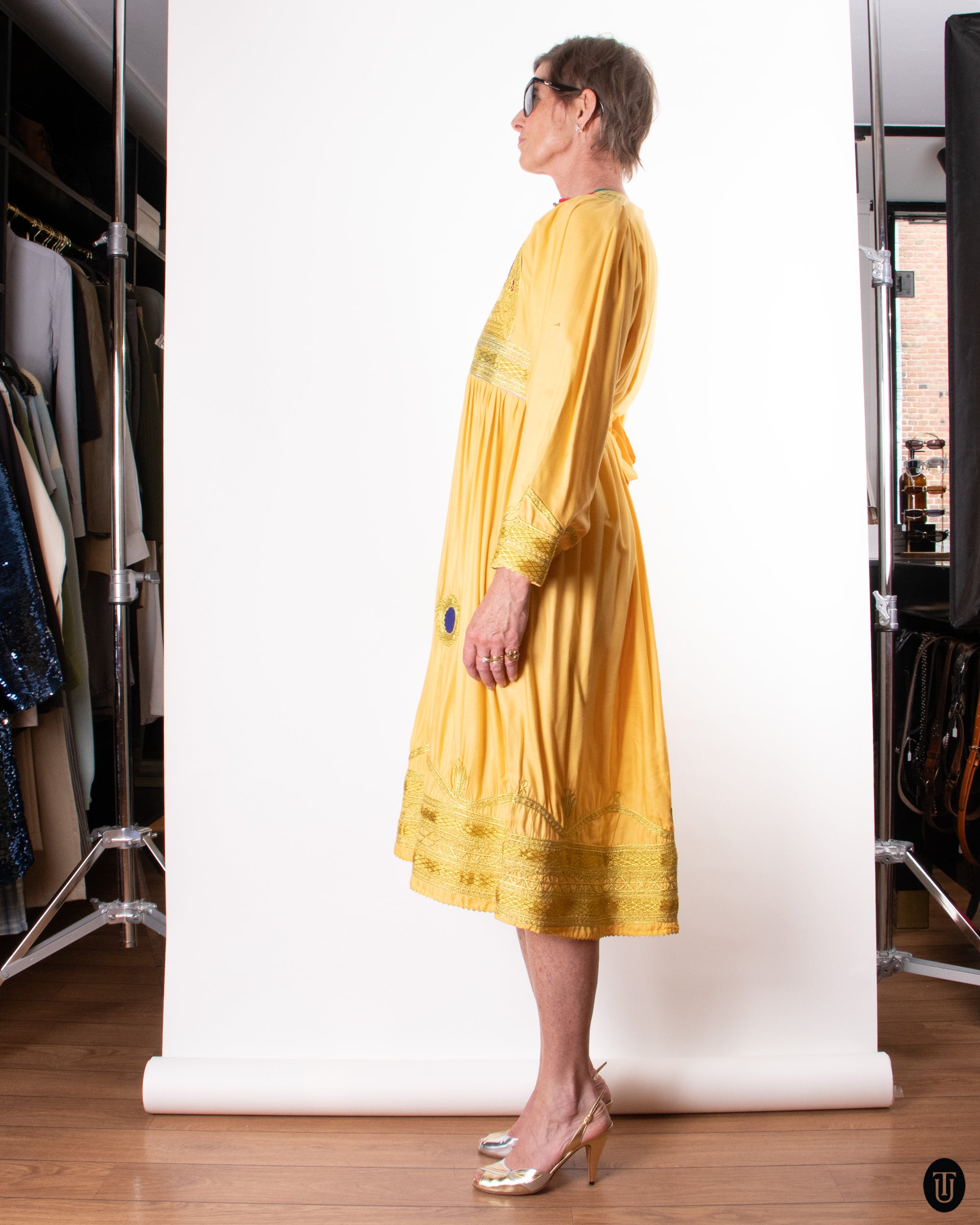 70's Embroidered Yellow Caftan Dress S