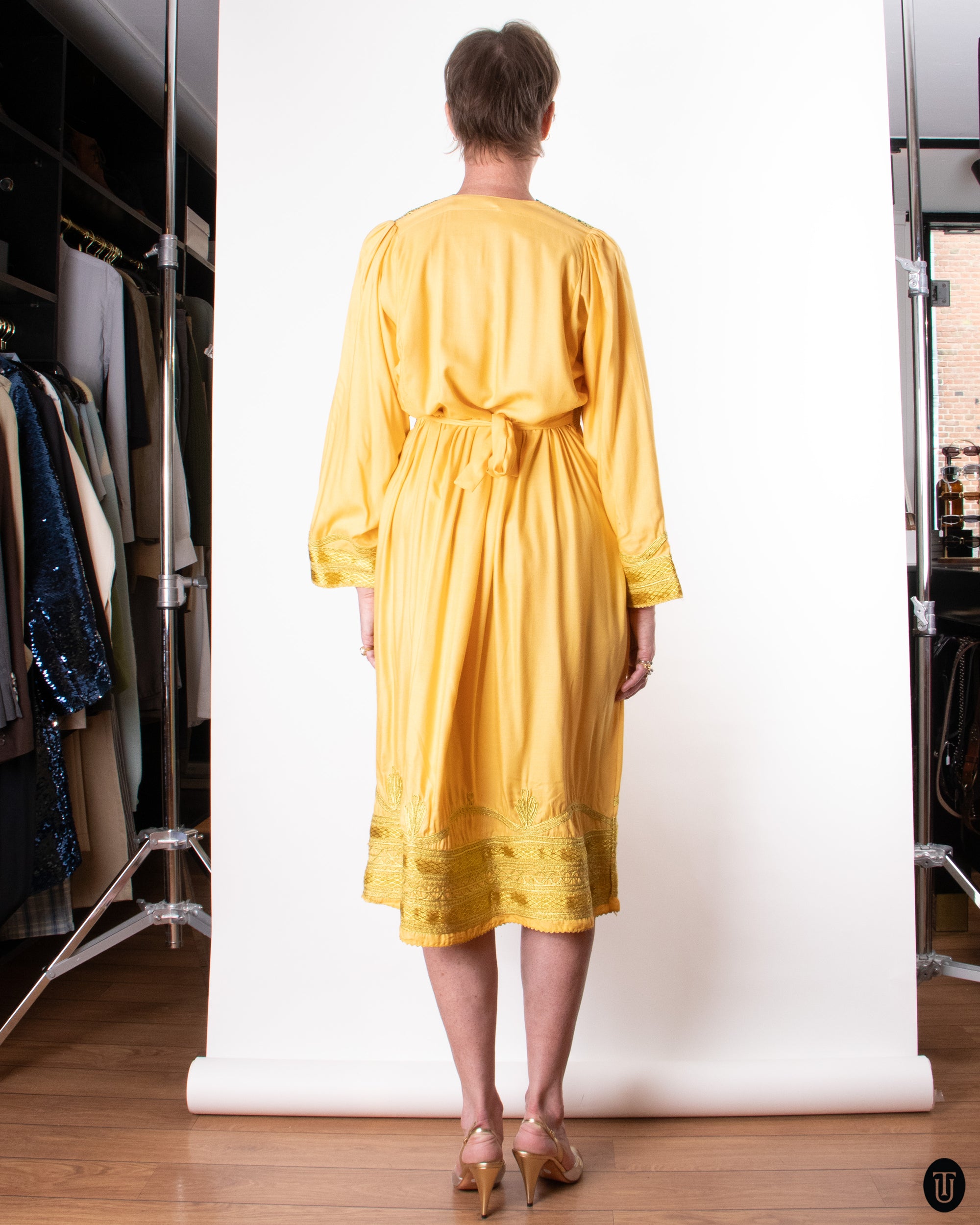 70's Embroidered Yellow Caftan Dress S