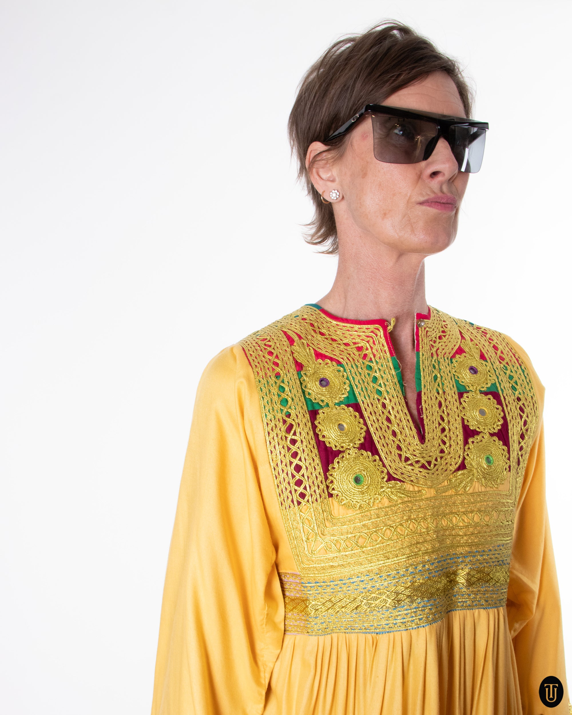 70's Embroidered Yellow Caftan Dress S
