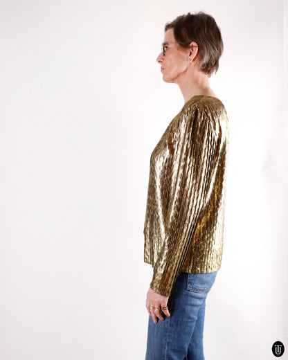 80's Yves Saint Laurent Gold Metallic Pleated Top M