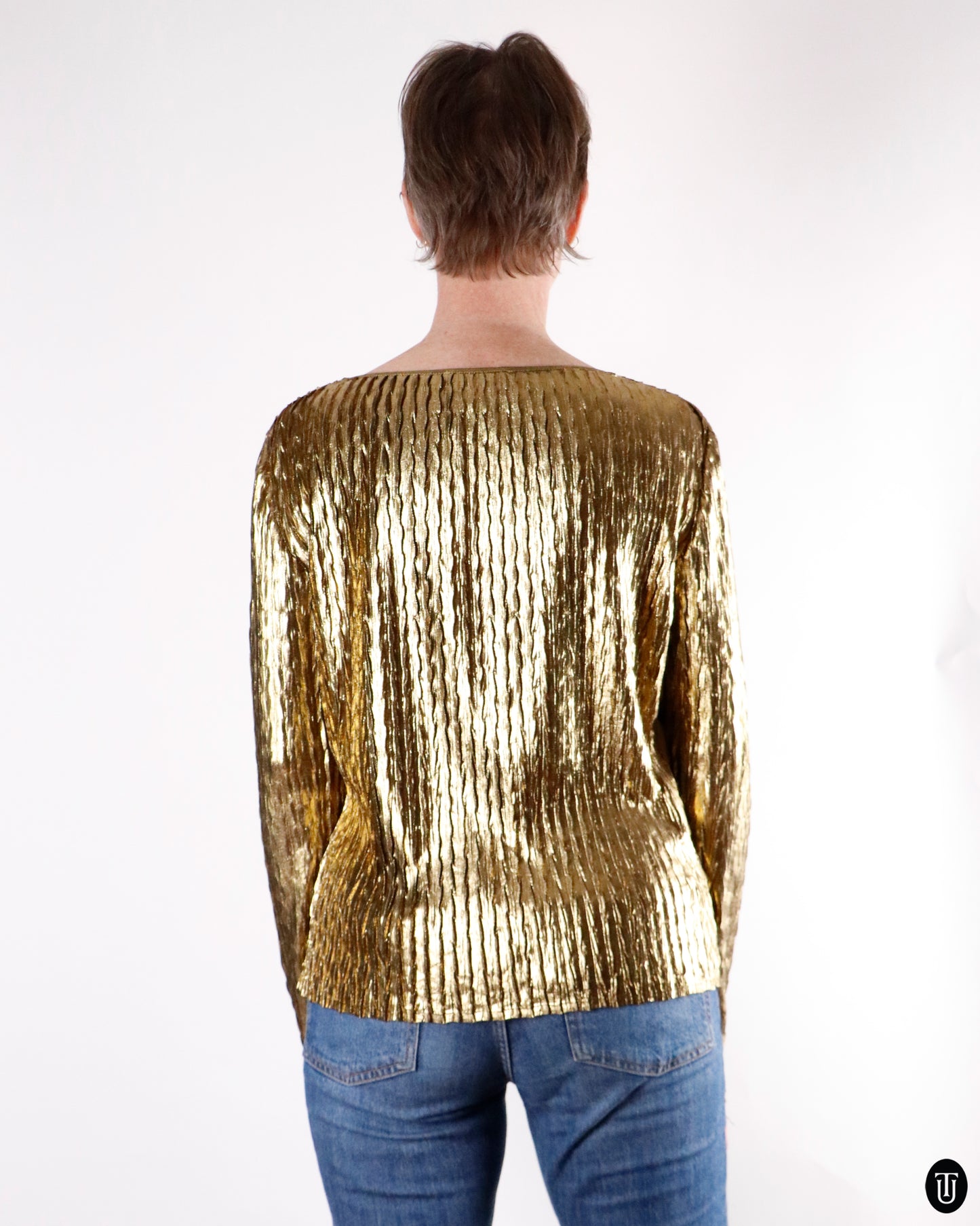 80's Yves Saint Laurent Gold Metallic Pleated Top M