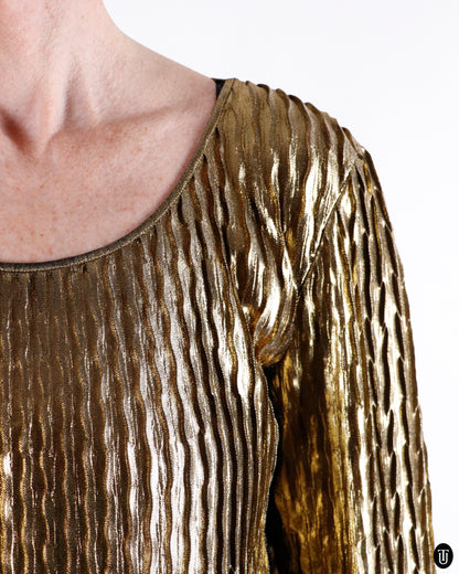 80's Yves Saint Laurent Gold Metallic Pleated Top M