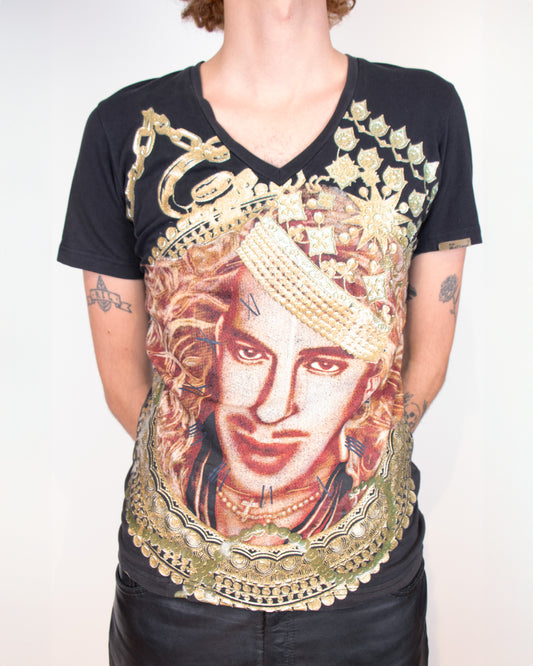 00's Galliano T-shirt with Gold Glitter Print L