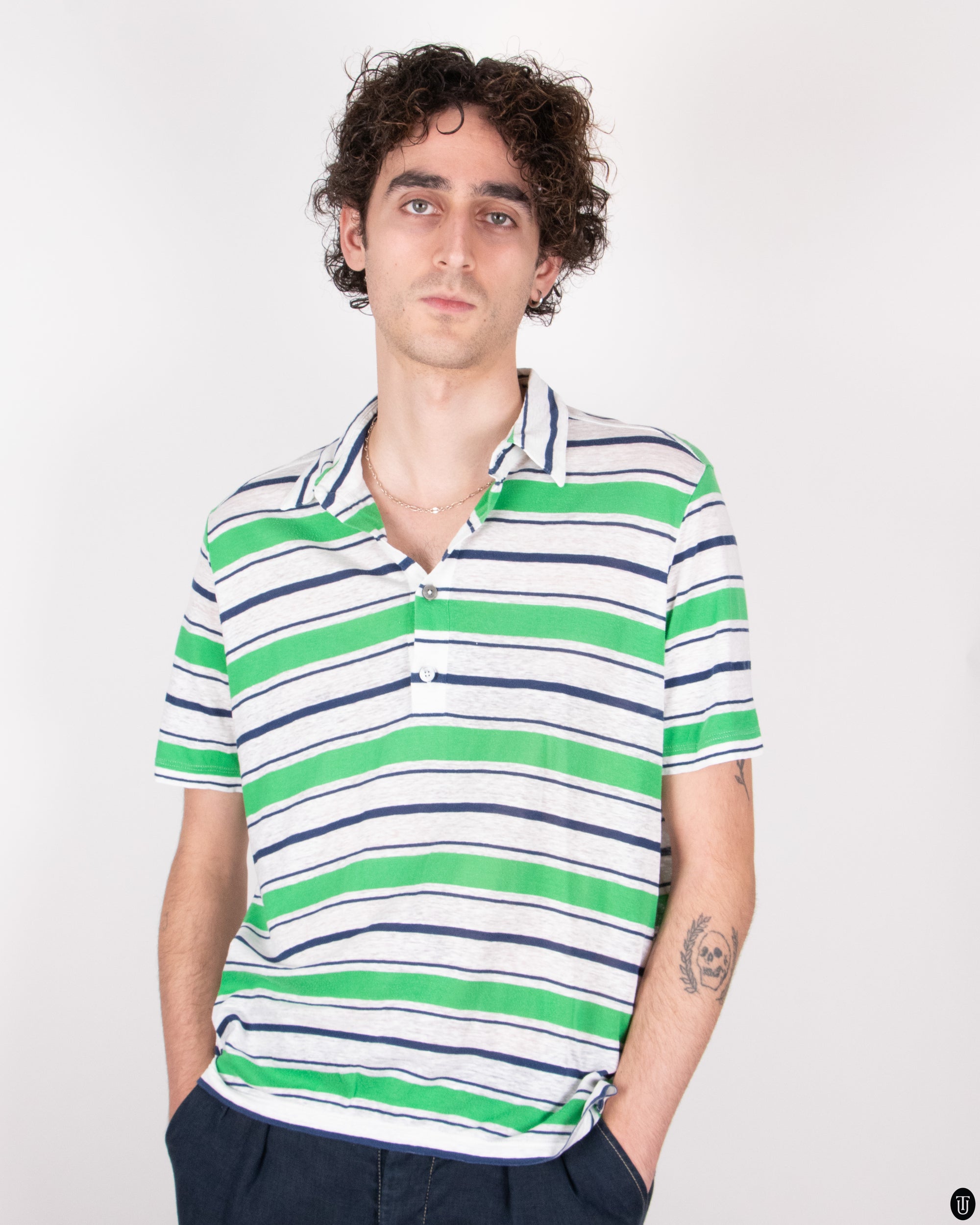 90s Hérmes Greenstriped Polo T-shirt M