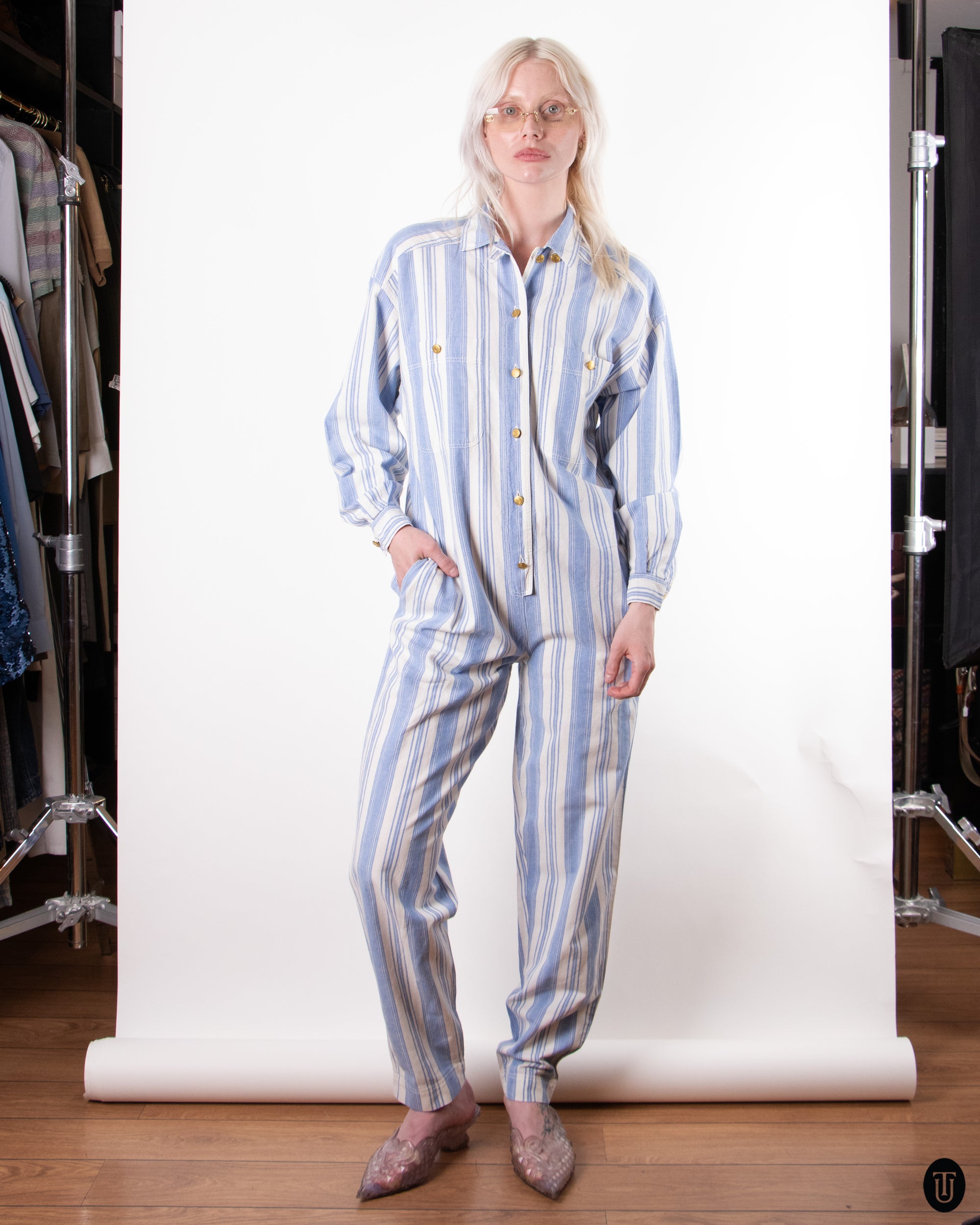 80's Ferretti Jeans Cotton Striped Jumpsuit M