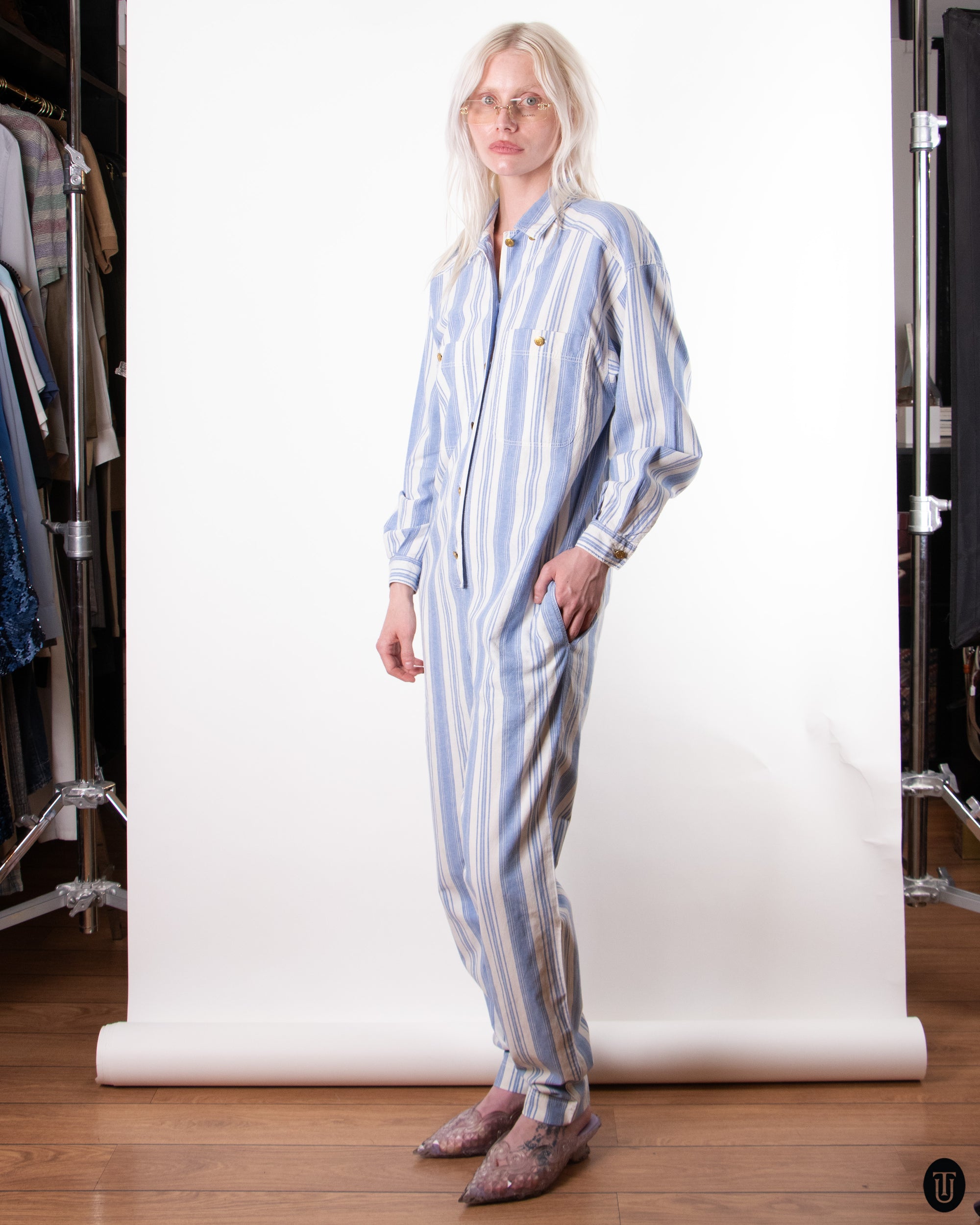 80's Ferretti Jeans Cotton Striped Jumpsuit M