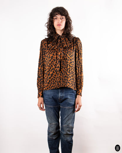 80's Yves Saint Laurent "Rive Gauche" Leopard Print Pussy Bow Blouse S