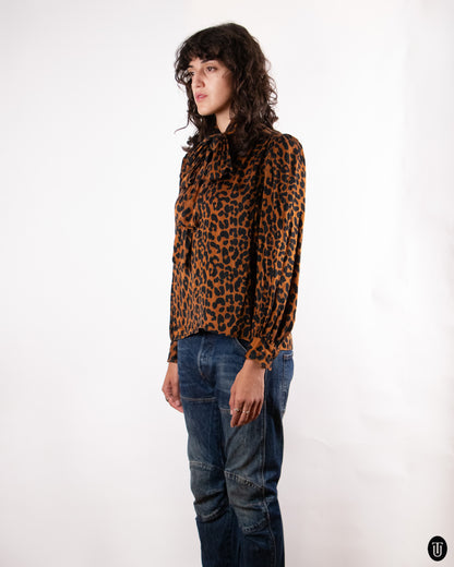80's Yves Saint Laurent "Rive Gauche" Leopard Print Pussy Bow Blouse S