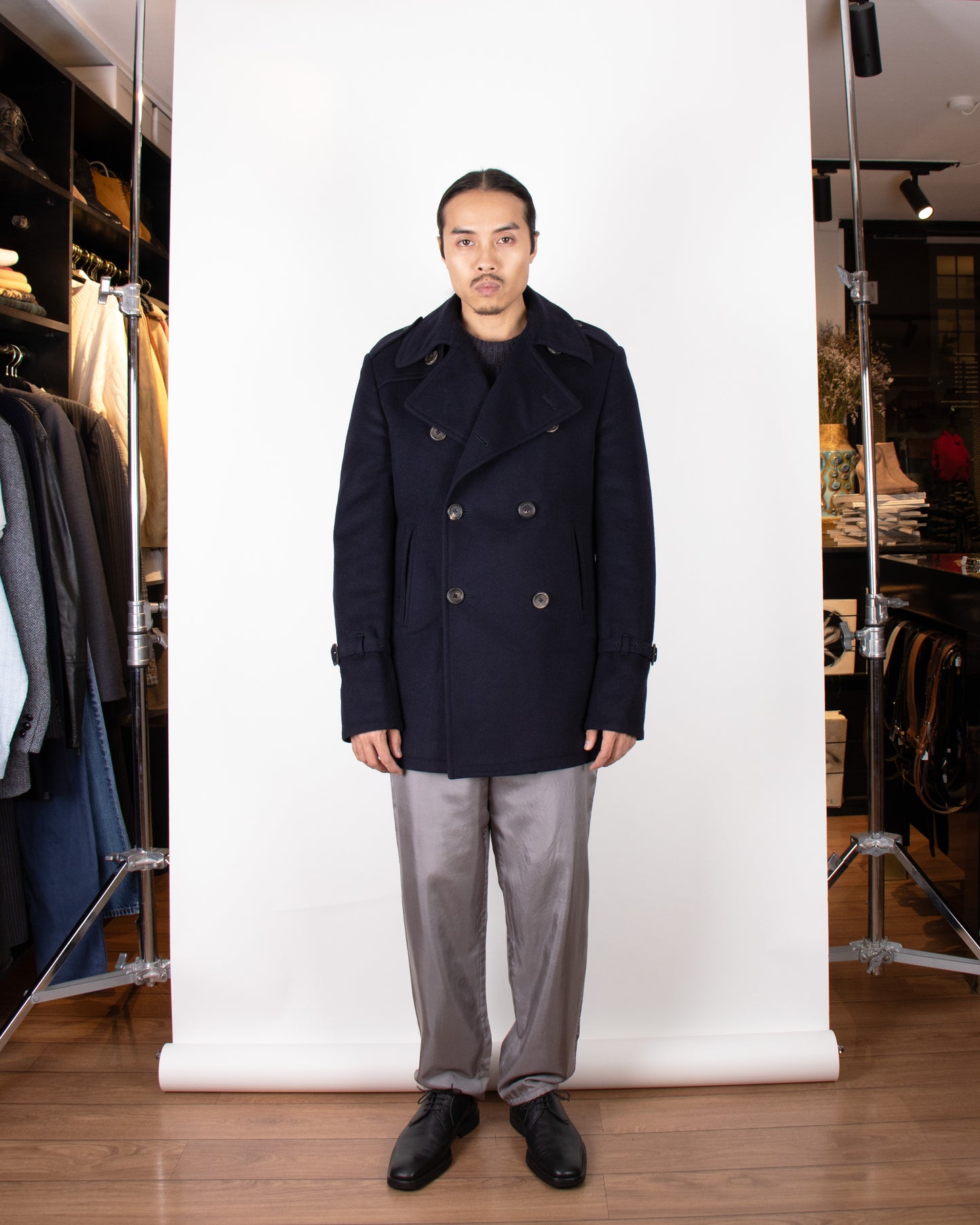 00's Aquascutum Navy Wool Pea Coat M
