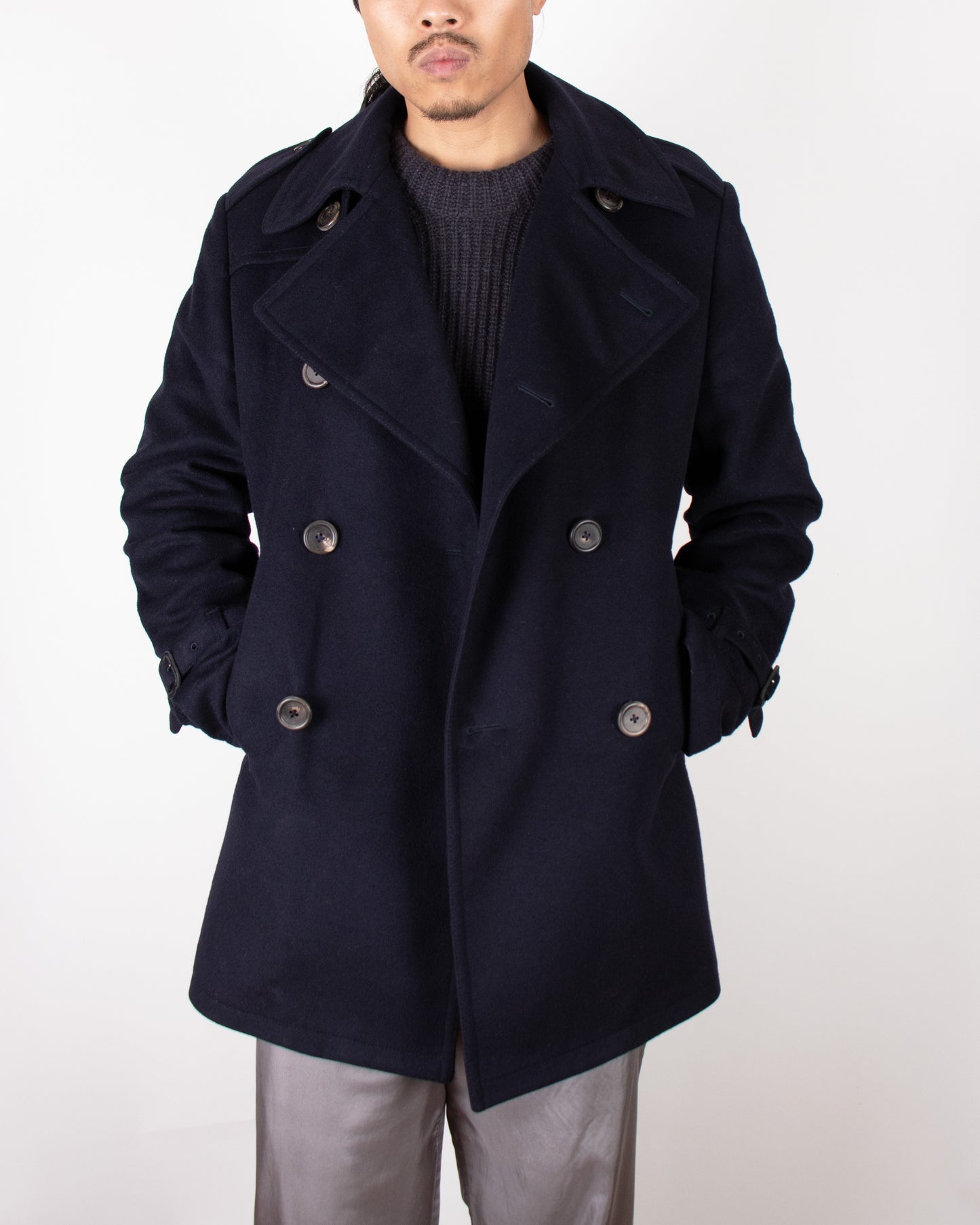 00's Aquascutum Navy Wool Pea Coat M