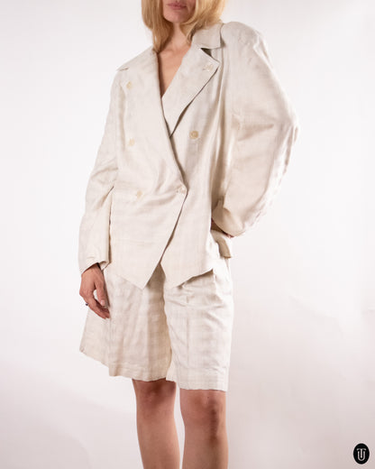 80's Cream Raw Silk Cotton Tailored Suit M