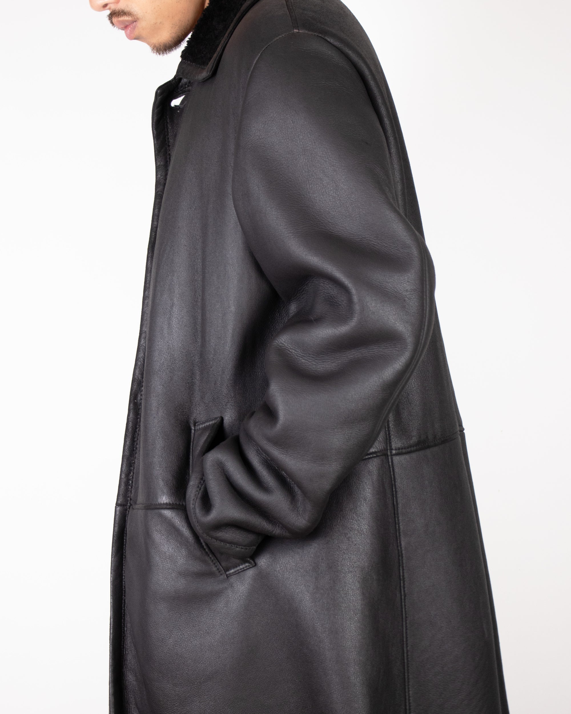 1990s Ruffo Black Shearling Leather Jacket L