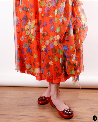70's Floral Silk Dress With Matching Shirt M