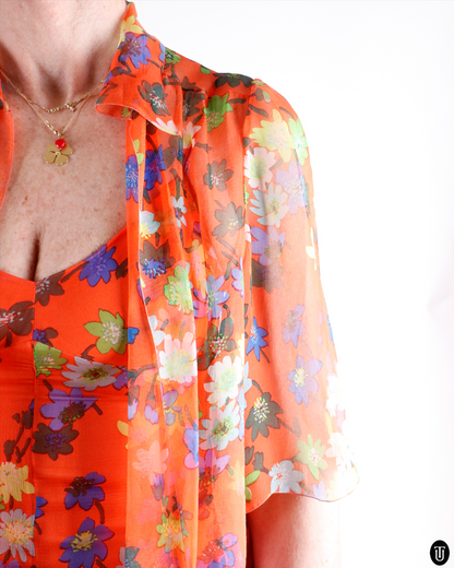 70's Floral Silk Dress With Matching Shirt M
