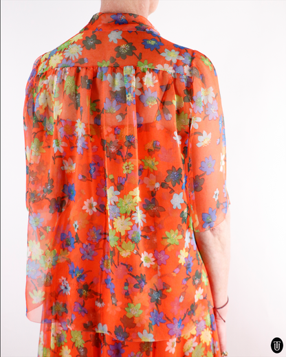 70's Floral Silk Dress With Matching Shirt M