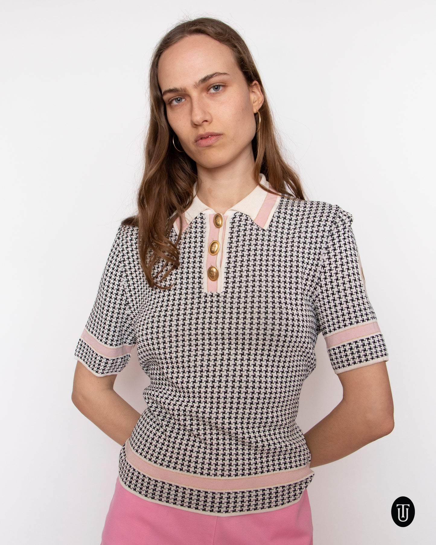 80's Vintage Christian Dior Houndstooth Lurex Knit Polo S