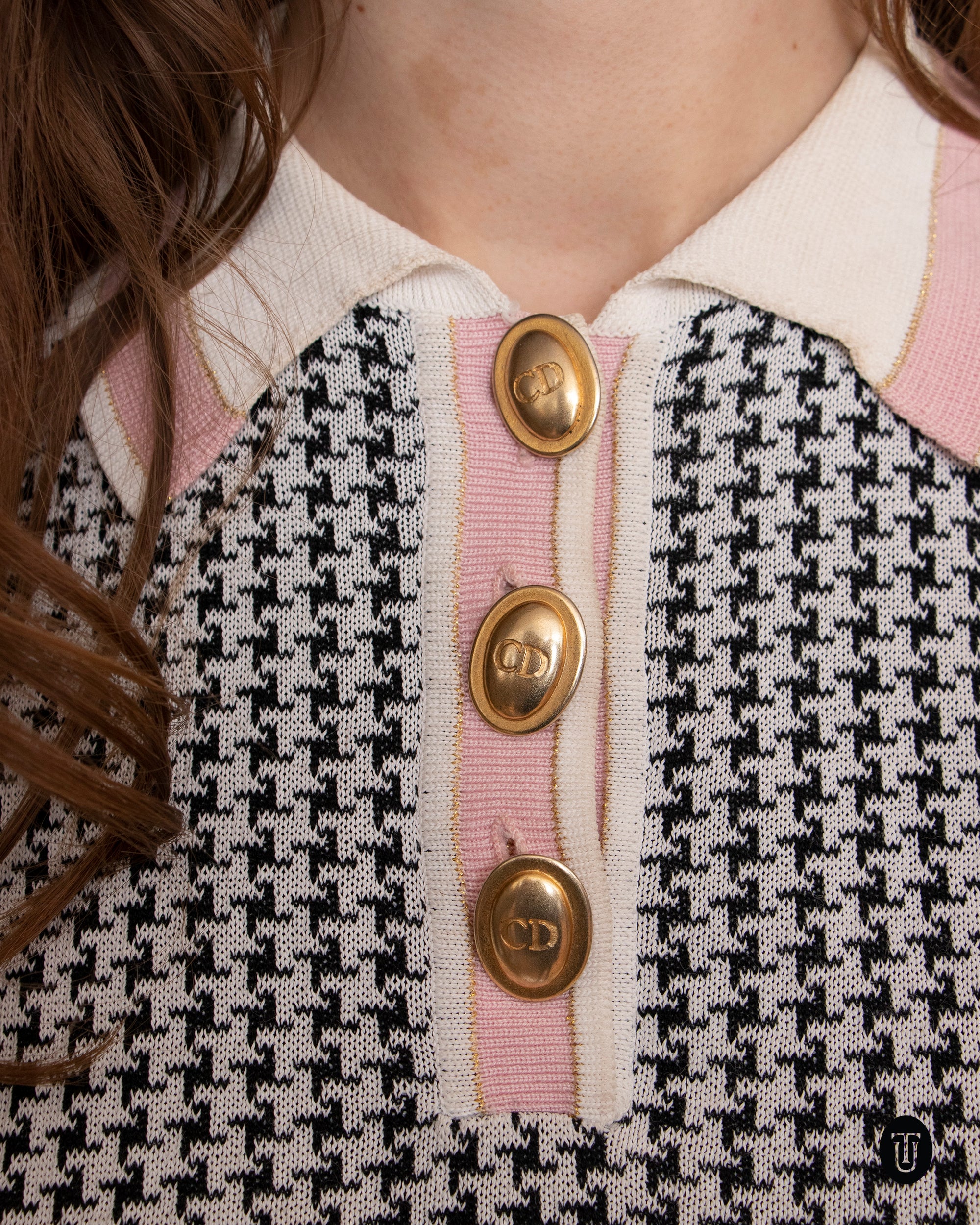 1980s Vintage Christian Dior Houndstooth Lurex Knit Polo S