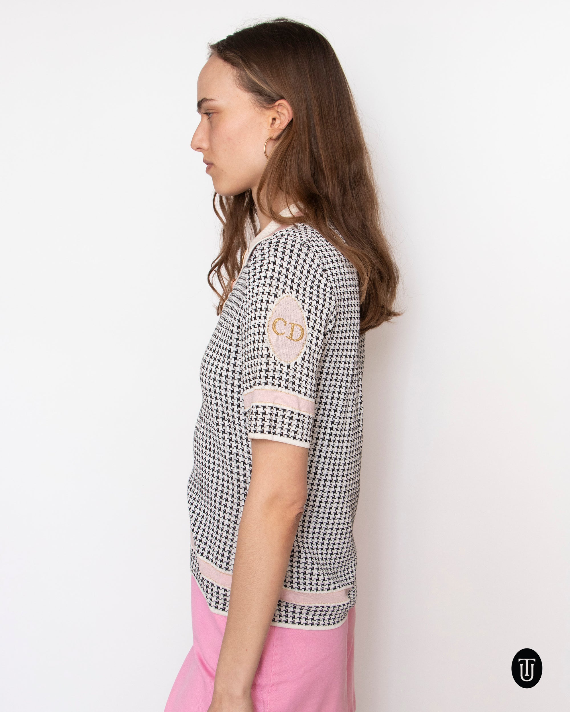 1980s Vintage Christian Dior Houndstooth Lurex Knit Polo S