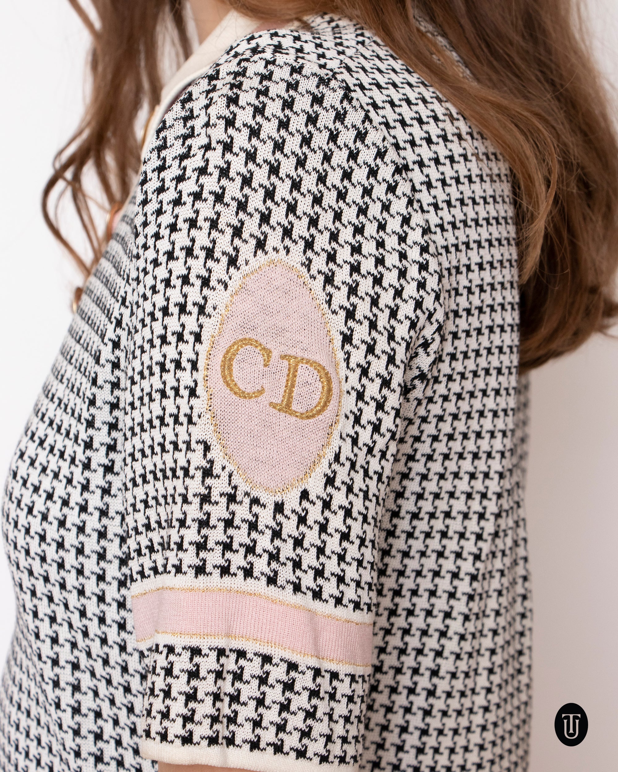 1980s Vintage Christian Dior Houndstooth Lurex Knit Polo S
