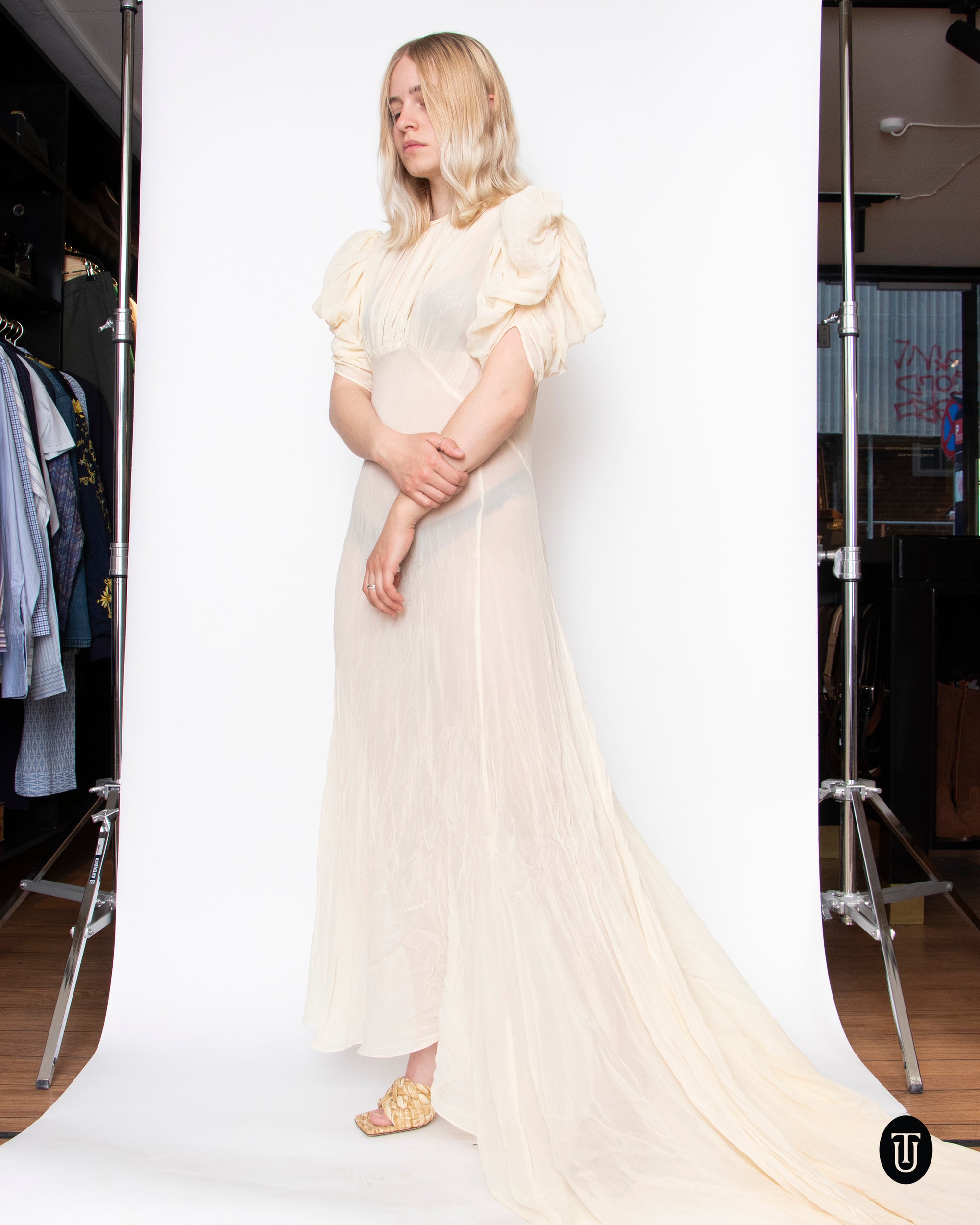 A 1930s Vintage Ivory Silk Wedding Gown with Draped Sleeves and Train S