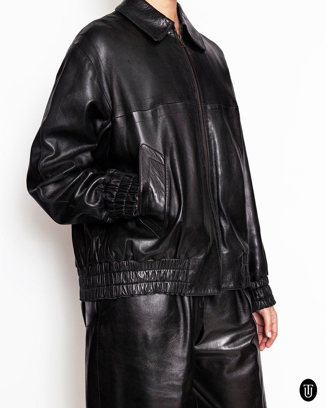 80s Hermes black leather suit M