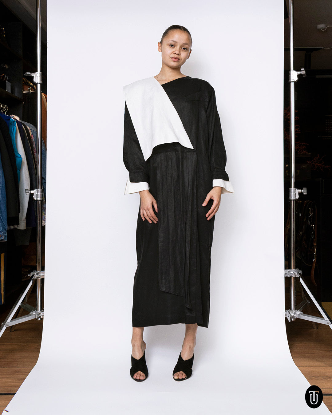 1980s Claude Montana Black and White Linen Dress M