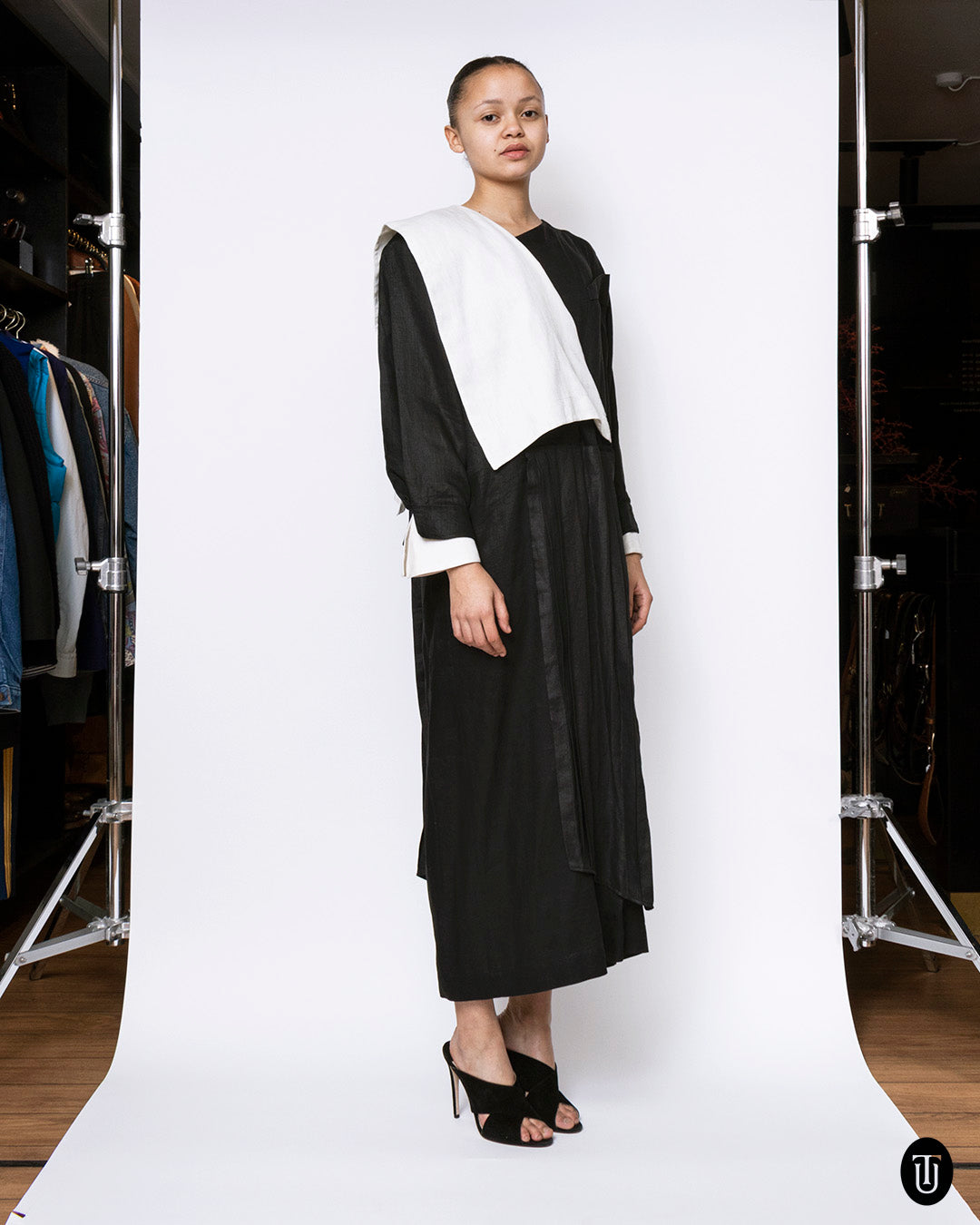 1980s Claude Montana Black and White Linen Dress M