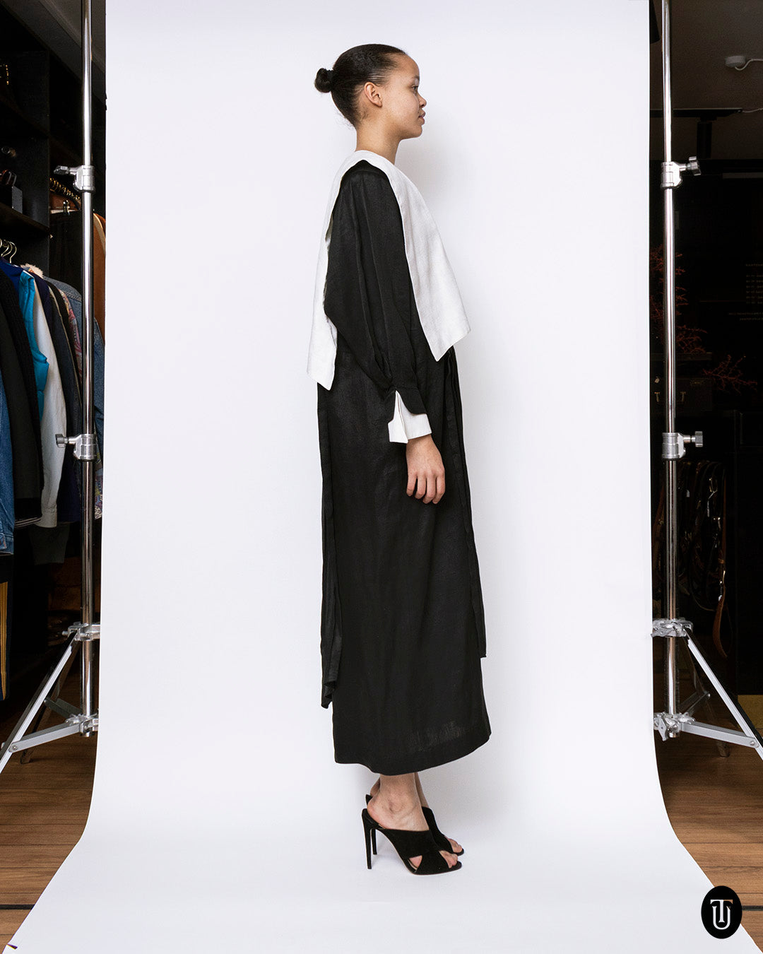 1980s Claude Montana Black and White Linen Dress M