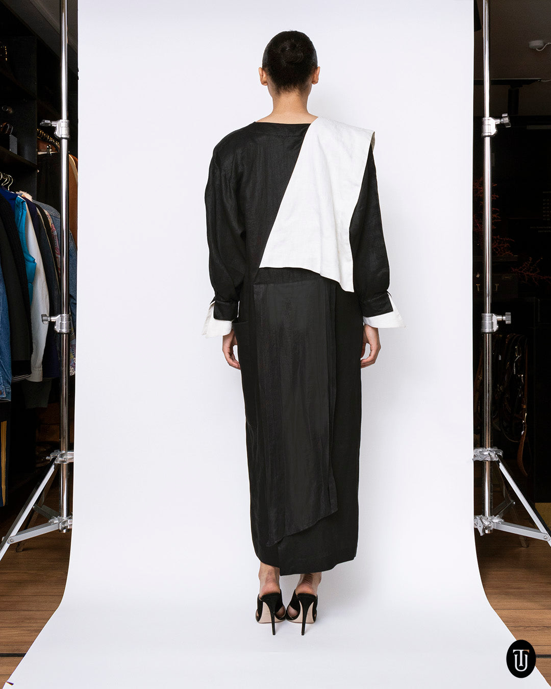 1980s Claude Montana Black and White Linen Dress M