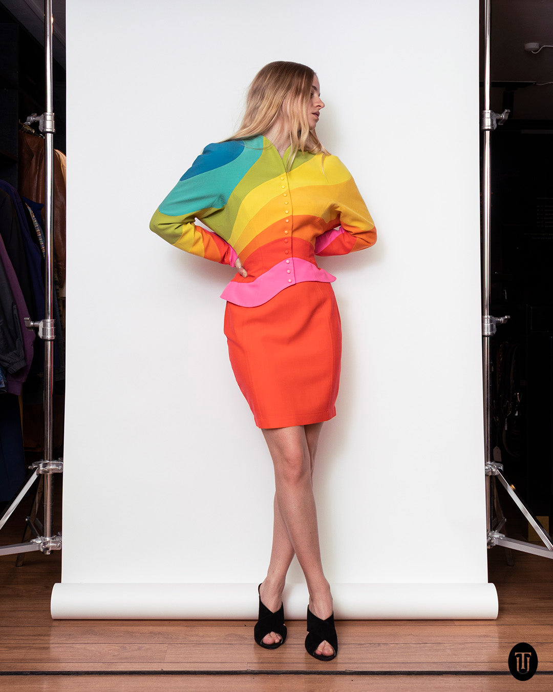 An iconic 90s Thierry Mugler Rainbow suit S