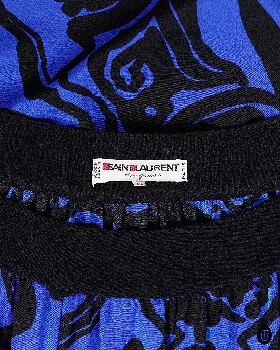 1980s Yves Saint Laurent Rive Gauche Black and Blue Midi Dress